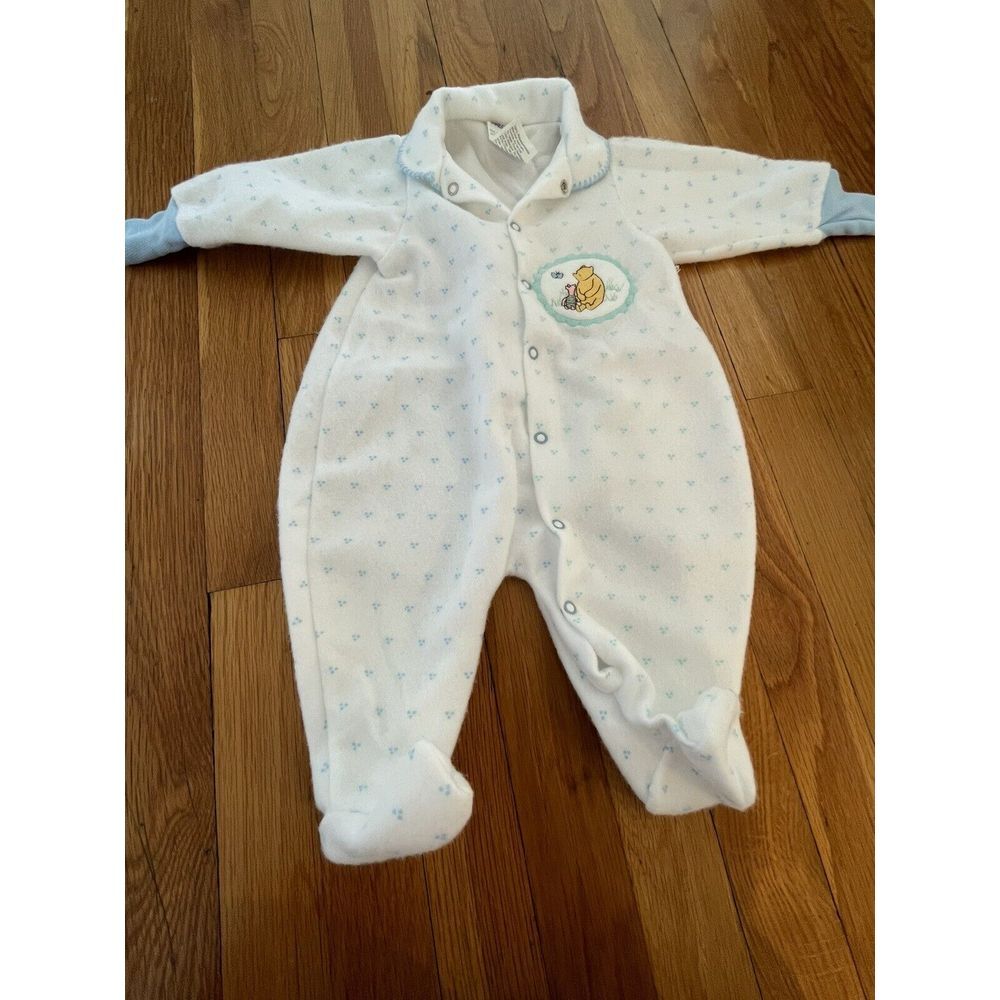 Vintage Irregular Winnie The Pooh Blue‎ White Fleece Footed Pajamas Baby L